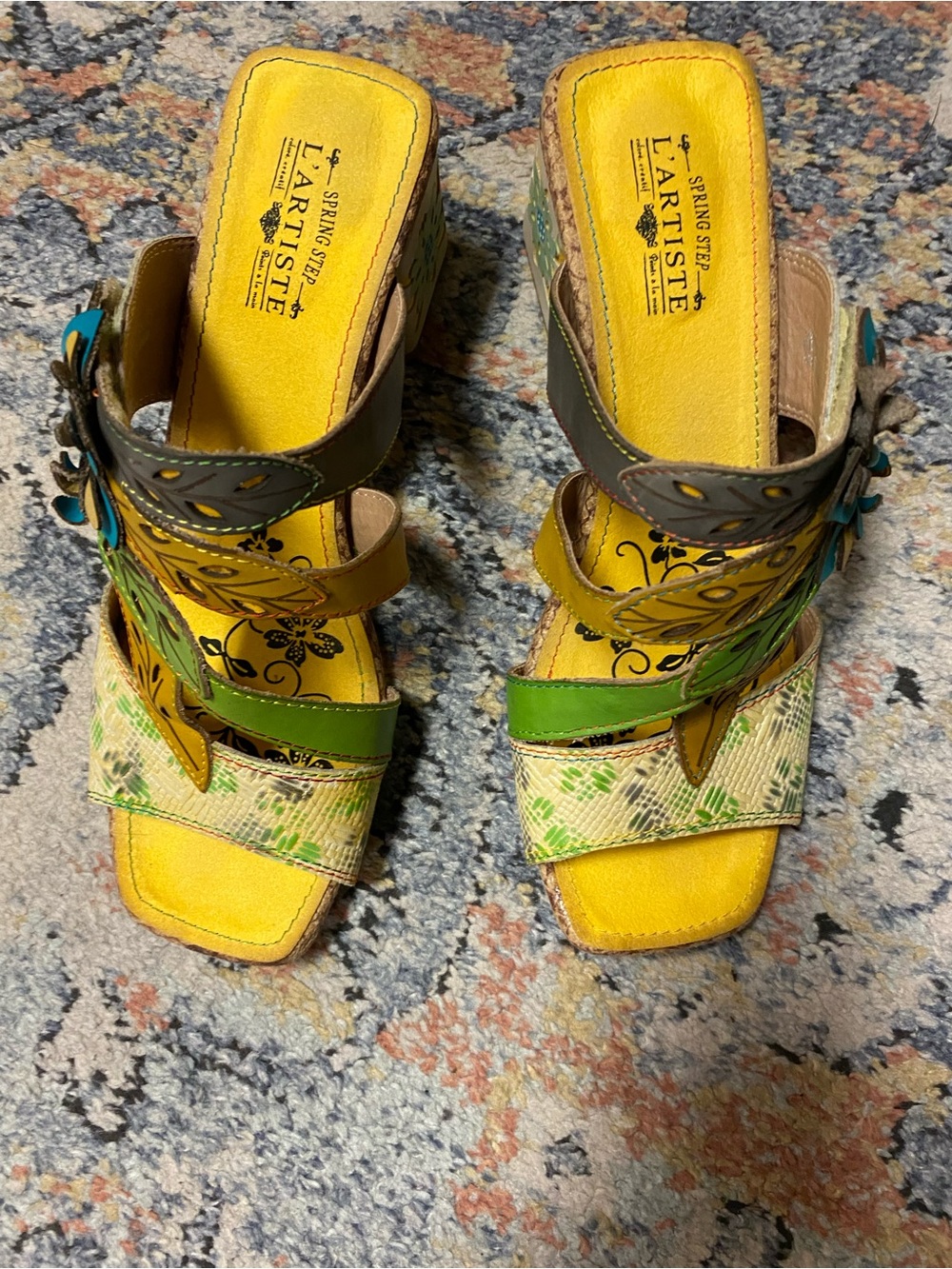 L'ATISTE Yellow, Green & Blue Floral Strap Mules